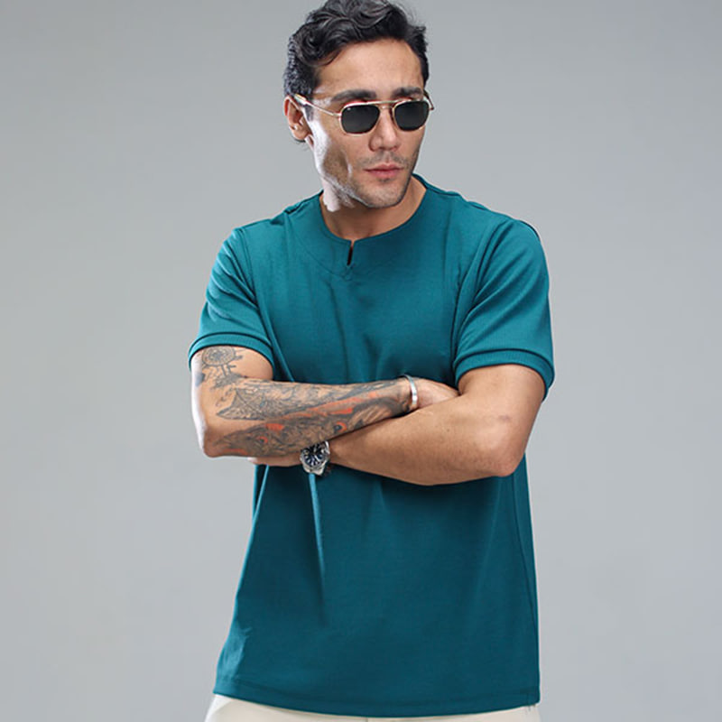 تیشرت آستین کوتاه یقه کوبایی سبز مردانه مدل Asam