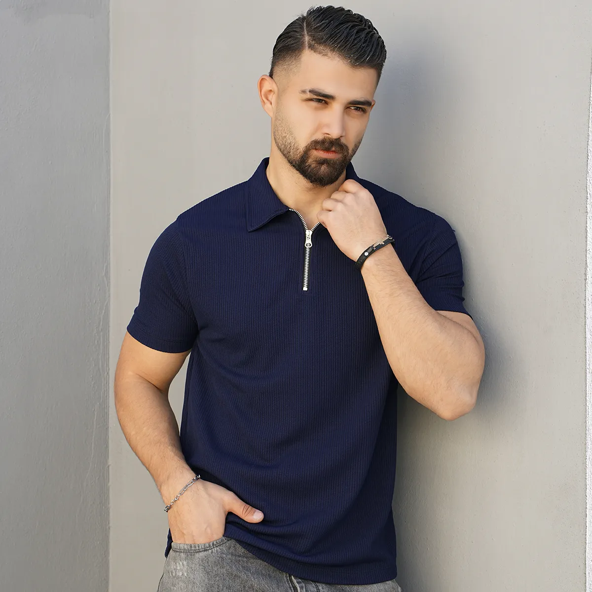 تیشرت مردانه یقه زیپ دار سرمه ای مدل Arban