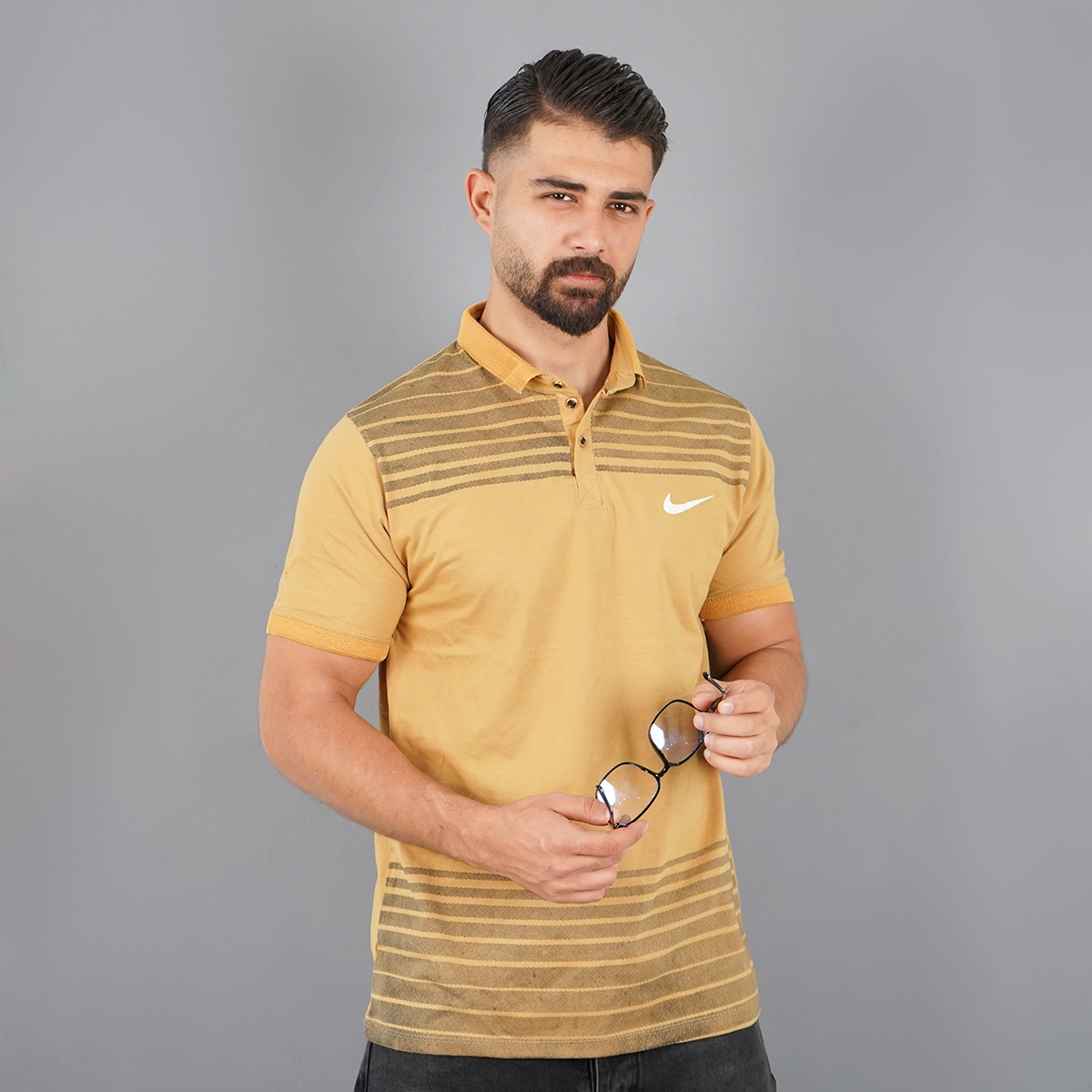 تیشرت یقه دار راه راه زرد مدل Farhan