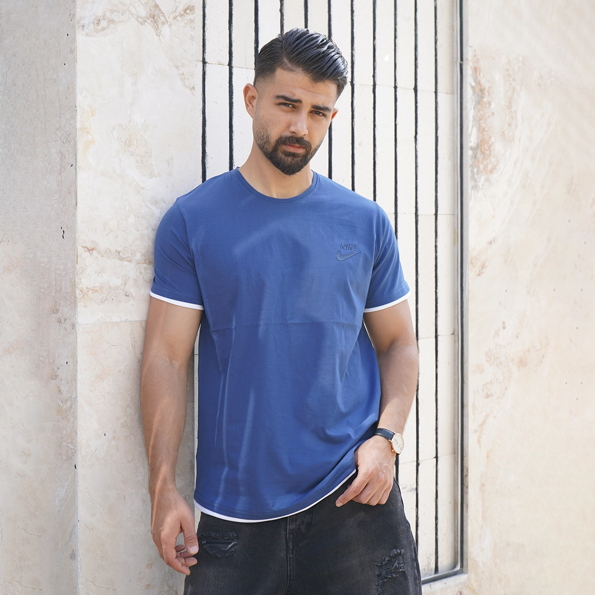 تیشرت یقه گرد آبی مردانه مدل kamyar