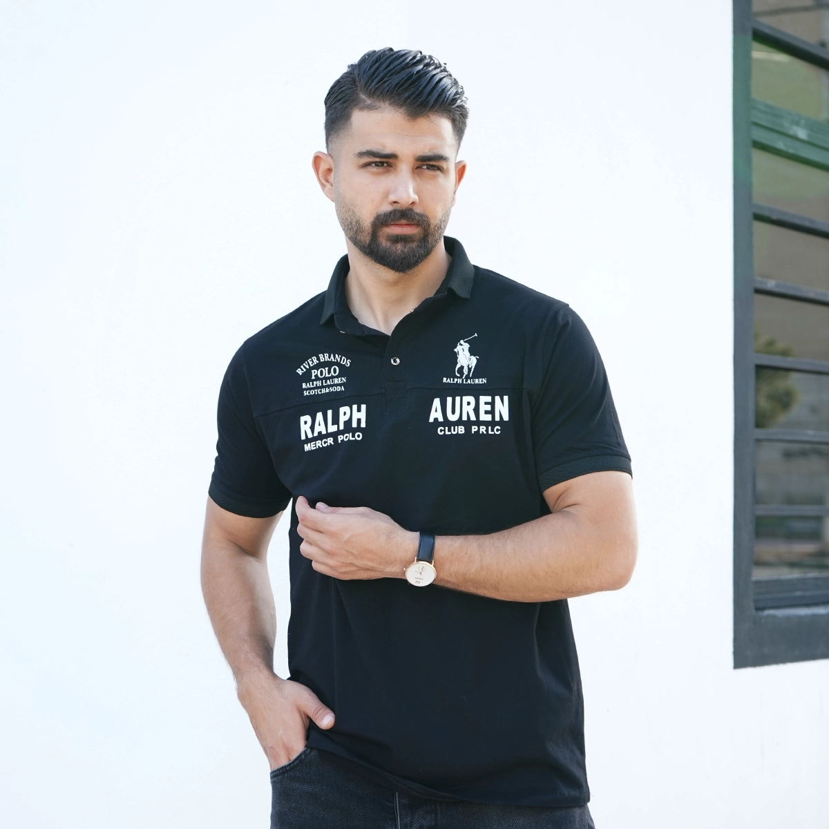 تیشرت یقه دار مشکی مردانه مدل Ralph