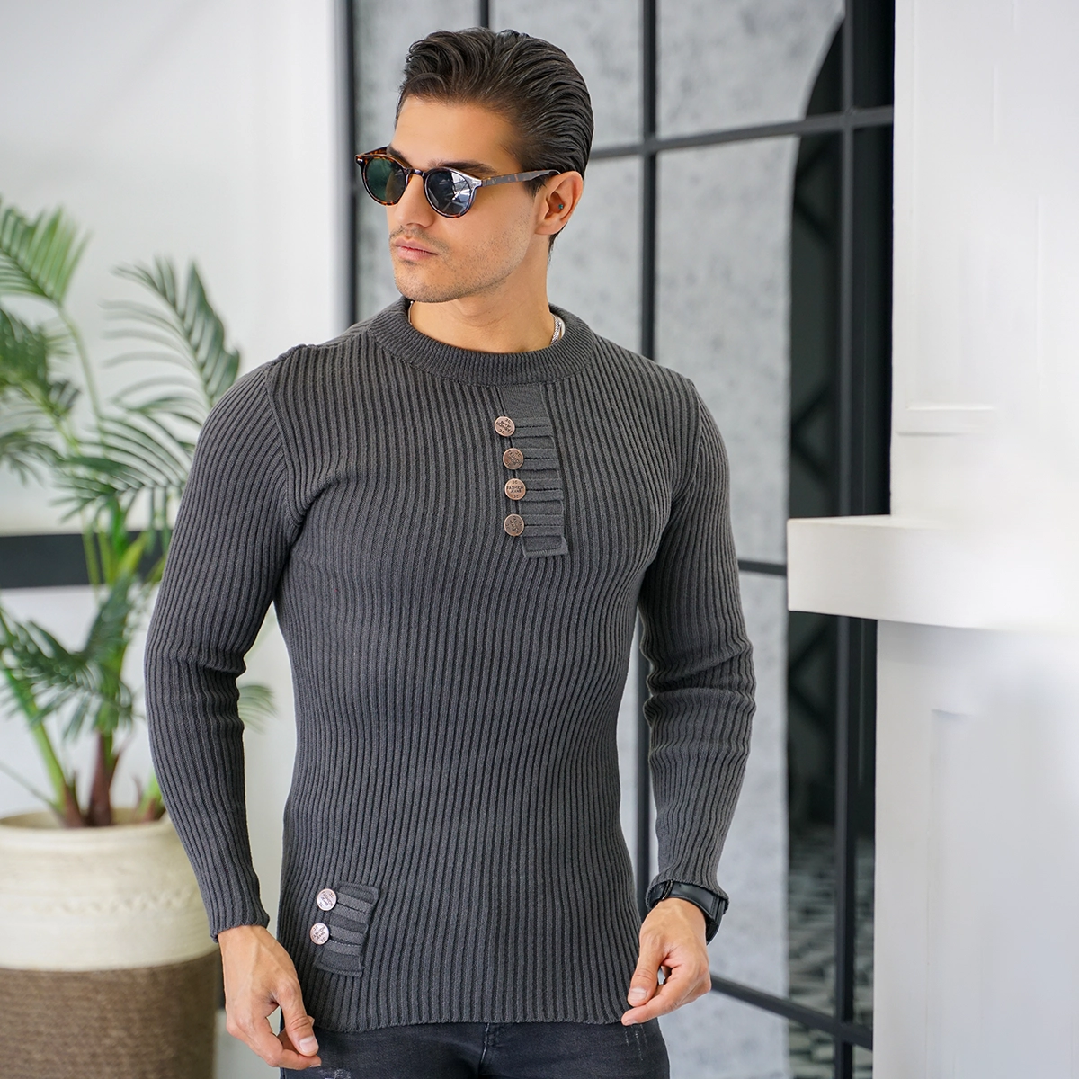 بافت مردانه طوسی مدل دکمه ای