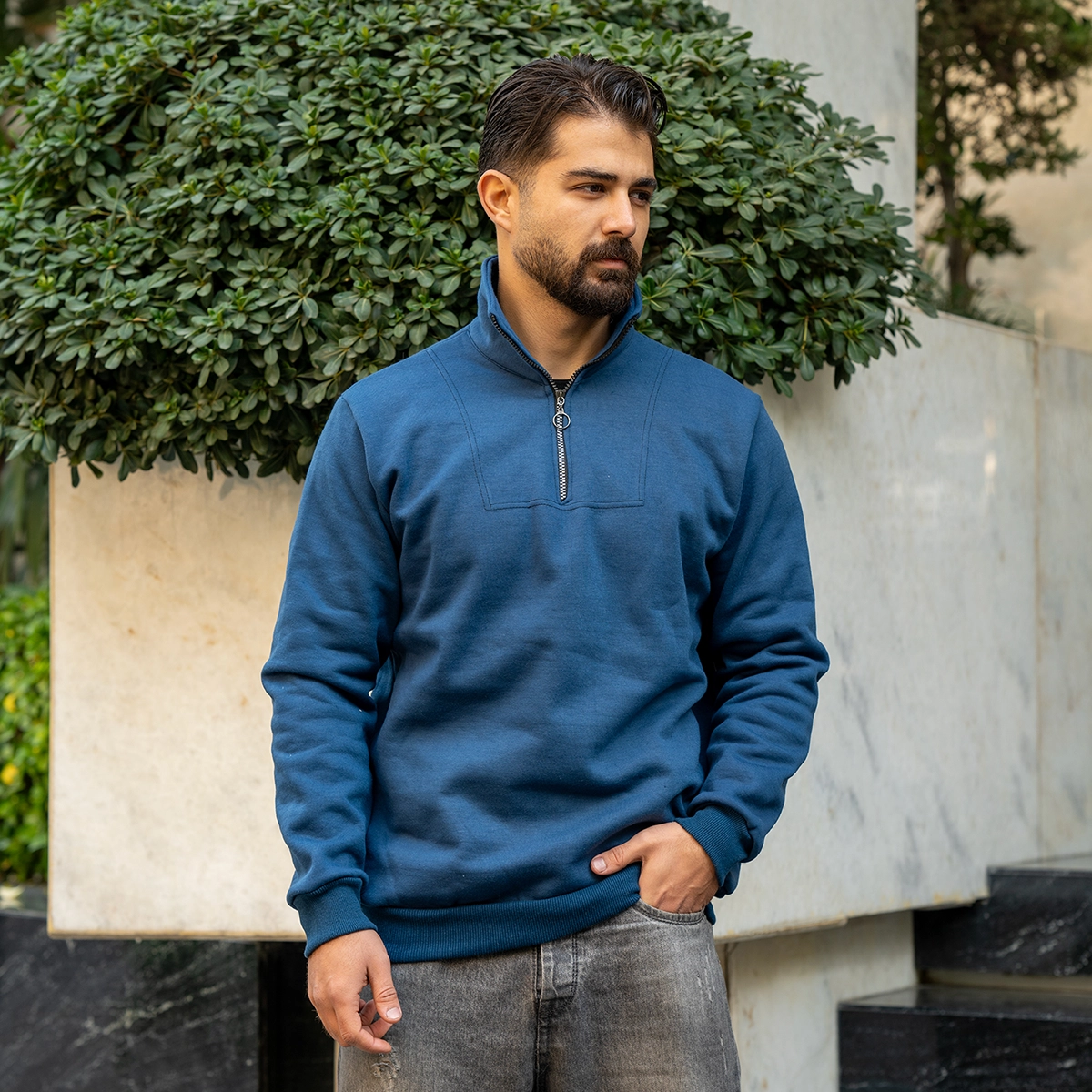 هودی نیم زیپ مردانه آبی مدل Shobin