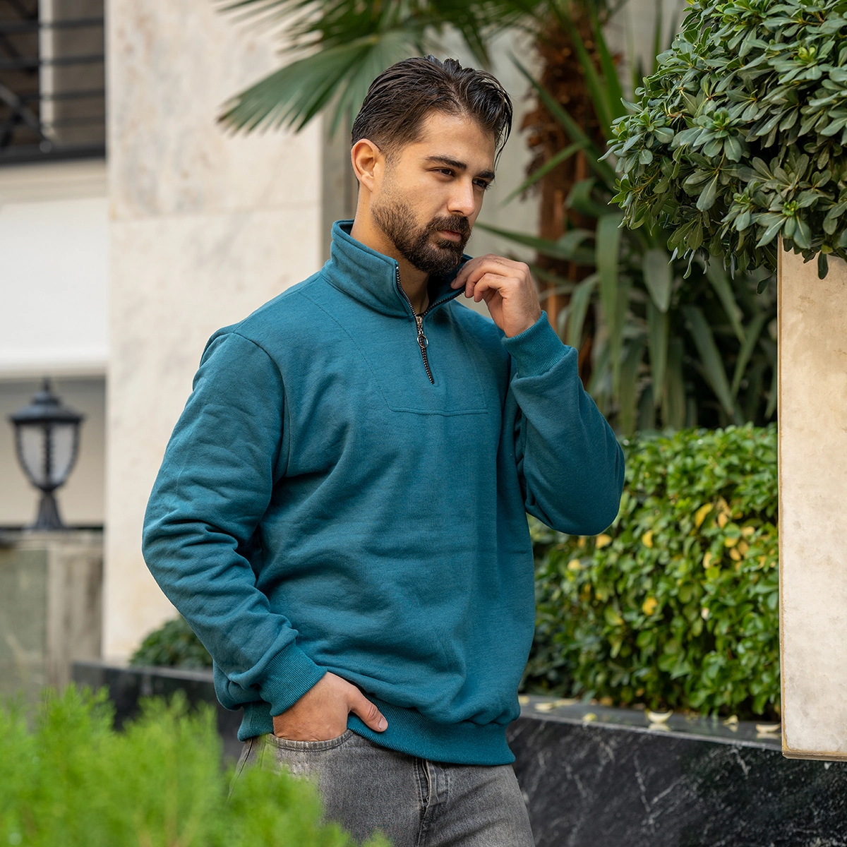 هودی نیم زیپ مردانه سبز مدل Shobin