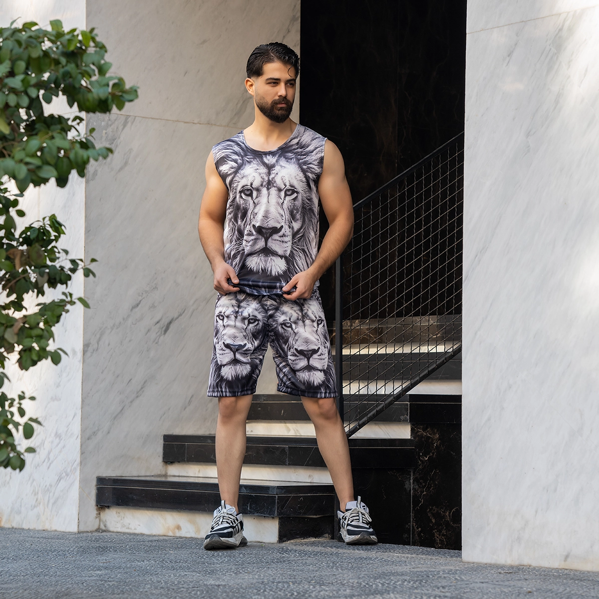 ست رکابی شلوارک مردانه طرح شیر سیاه و سفید