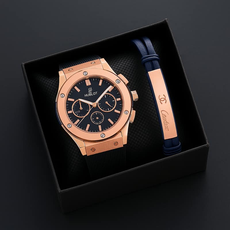 پکیج دستبند پلاک دارساعت مچی Hublot طلایی مدل C70