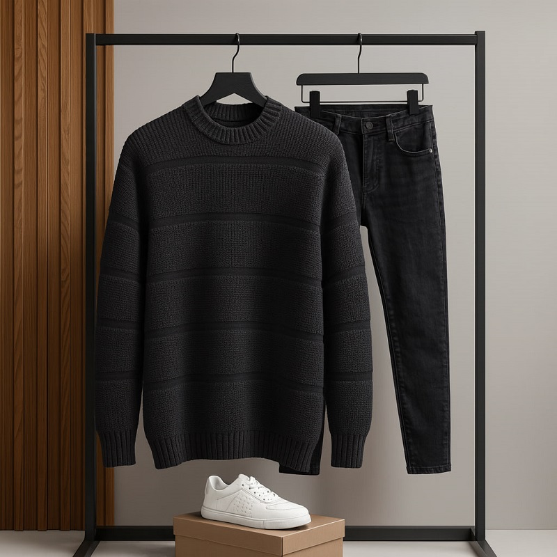 پلیور بافت مردانه یقه گرد مدل Arman-مشکی