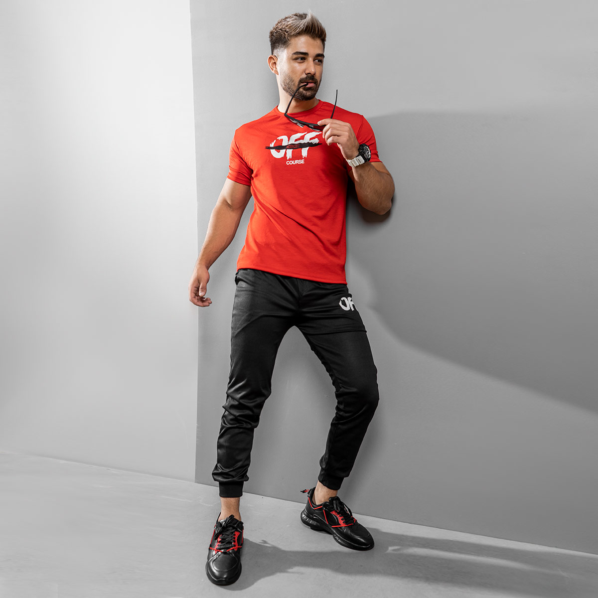 ست تیشرت شلوار مردانه OFF Course قرمز مدل Padma