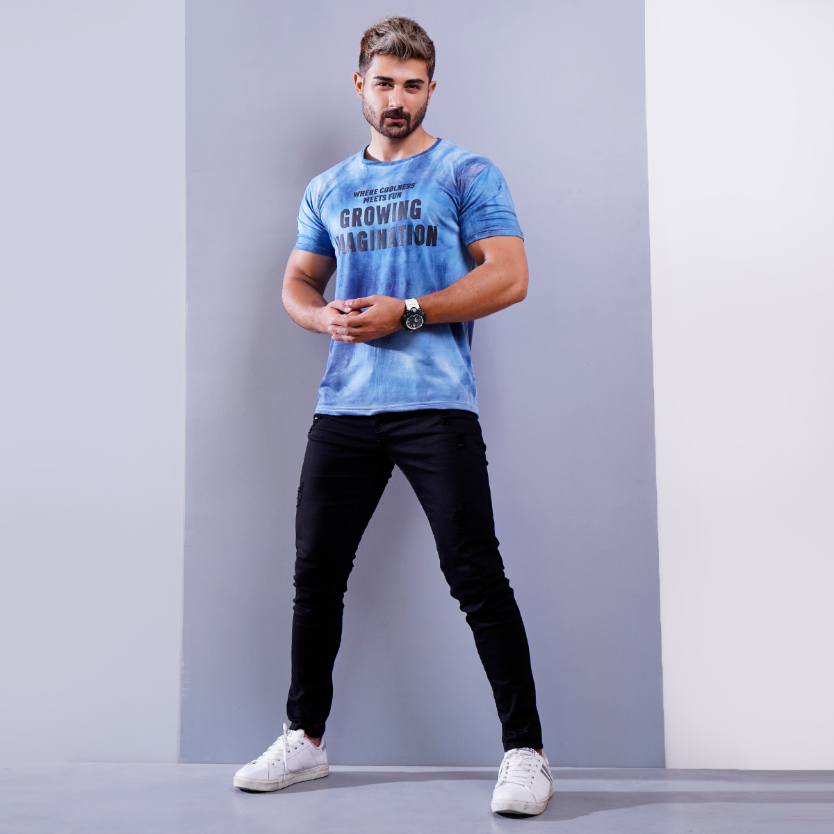 تیشرت مردانه ابر و بادی آبی مدل windy