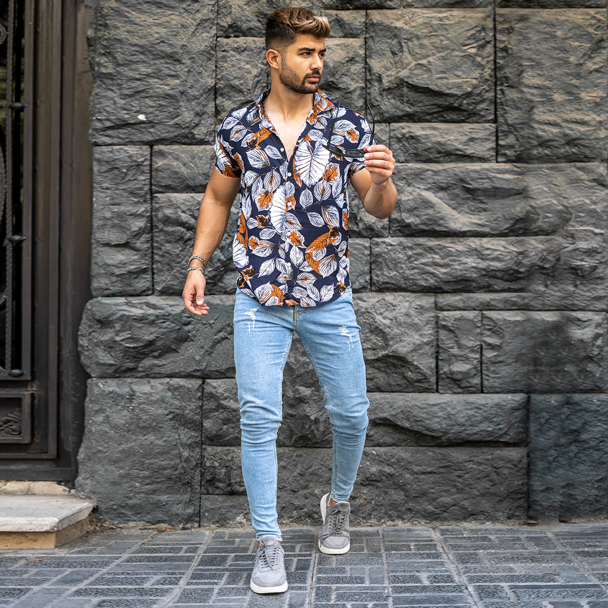 پیراهن هاوایی مردانه سرمه ای مدل Dena