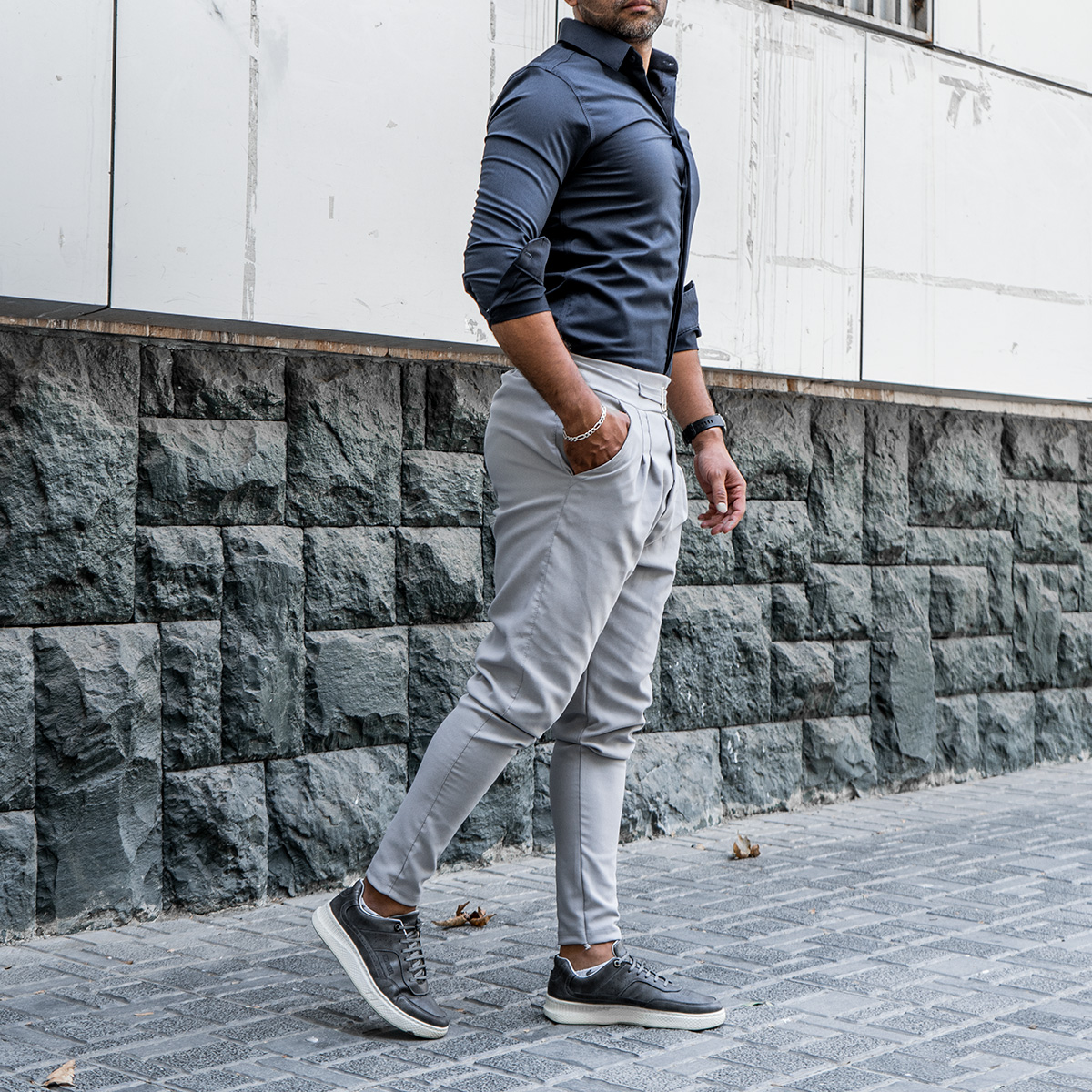 شلوار اسلش سگک دار مردانه طوسی روشن مدلPartiv